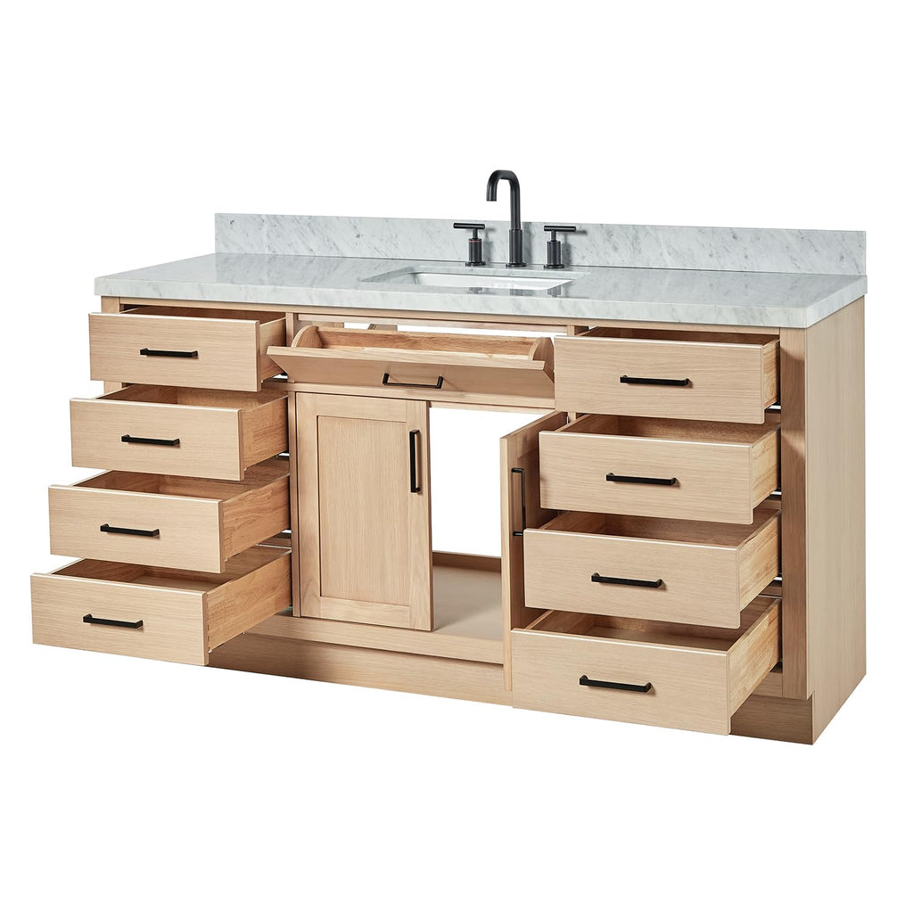 ARIEL Hepburn 66-inch Bathroom Vanity with Sink,Solid Wood, 1.5-inch Pure White Quartz Countertop & Backsplash, Single Rectangular Porcelain Sink, 2 Soft Closing Doors, 9 Dovetail Drawers, White