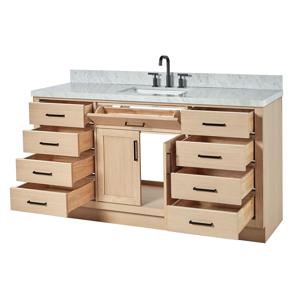ARIEL Hepburn 66-inch Bathroom Vanity with Sink,Solid Wood, 1.5-inch Pure White Quartz Countertop & Backsplash, Single Rectangular Porcelain Sink, 2 Soft Closing Doors, 9 Dovetail Drawers, White