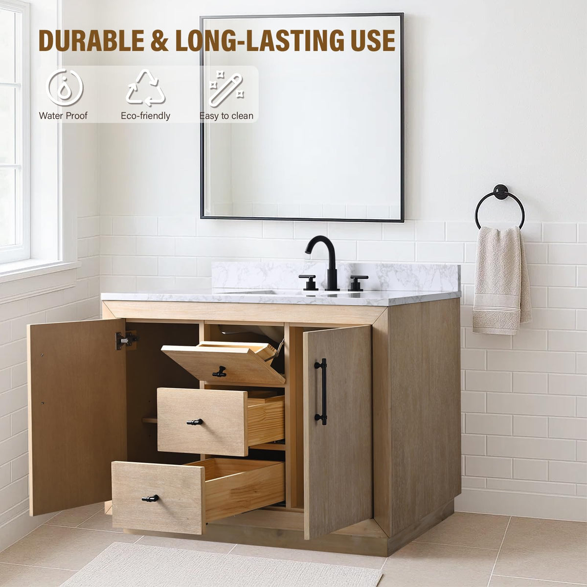 HOMEBEYOND 72" Bathroom Vanity with Double Sink & Ceramic Top, MDF Material Vanity Cabinet with Basin Combo, Soft-Closing Doors, Removable Shelf, Backsplash, Tan