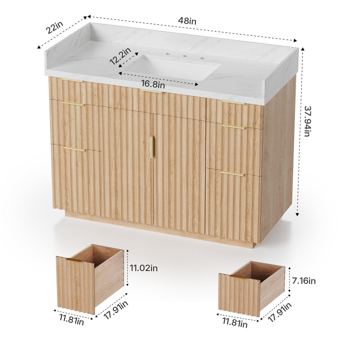 60 Inch Bathroom Vanity Double Sink, Solid Oak Wood, Quartz Top