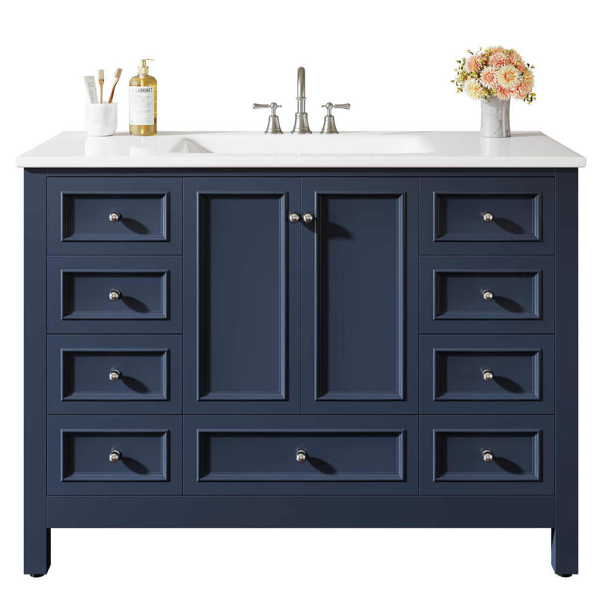 Tribesigns 30" Bathroom Vanity with Sink, Freestanding Bathroom Vanities Cabinet with Ceramic Basin Combo, Bathroom Sink Cabinet with 2 Doors and 1 Drawer, Solid Wooden Frame (Navy Blue, 30 INCH)