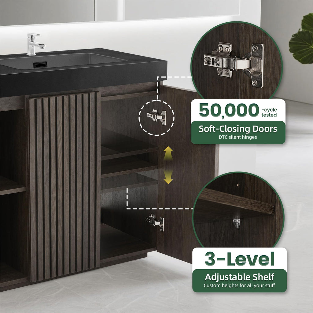 36â Modern Bathroom Vanity with Black Sink, Smoked Brown