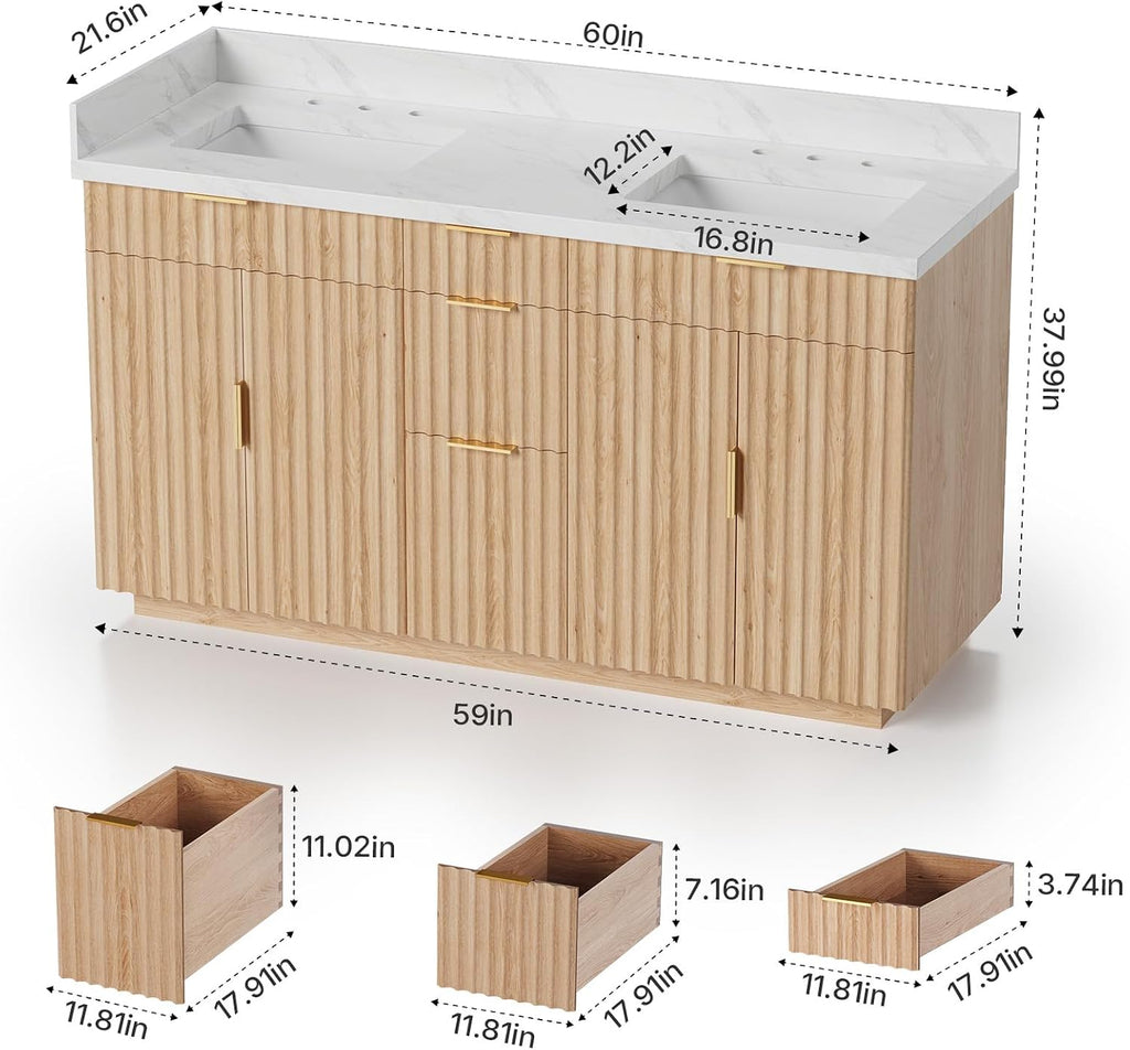60 Inch Bathroom Vanity Double Sink, Solid Oak Wood, Quartz Top