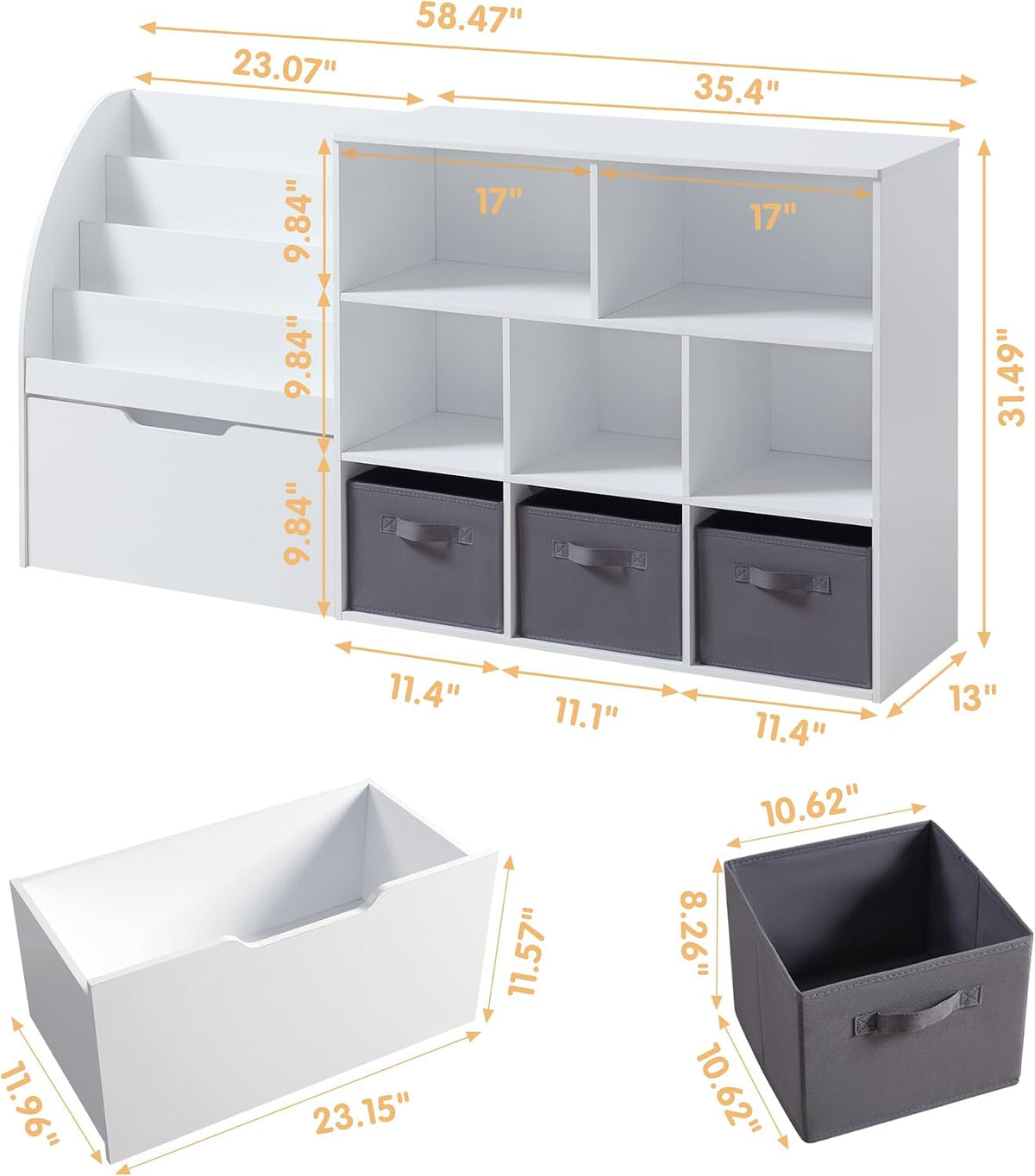 Fatmok Kids Bookshelf and Toy Storage, 2 Pack 58.5ââ Toy Organizer with Movable Chests & 3 Storage Bins, Large Kids Reading Nook with 5 Cubbies for Playroom, Bedroom, Nursery, White