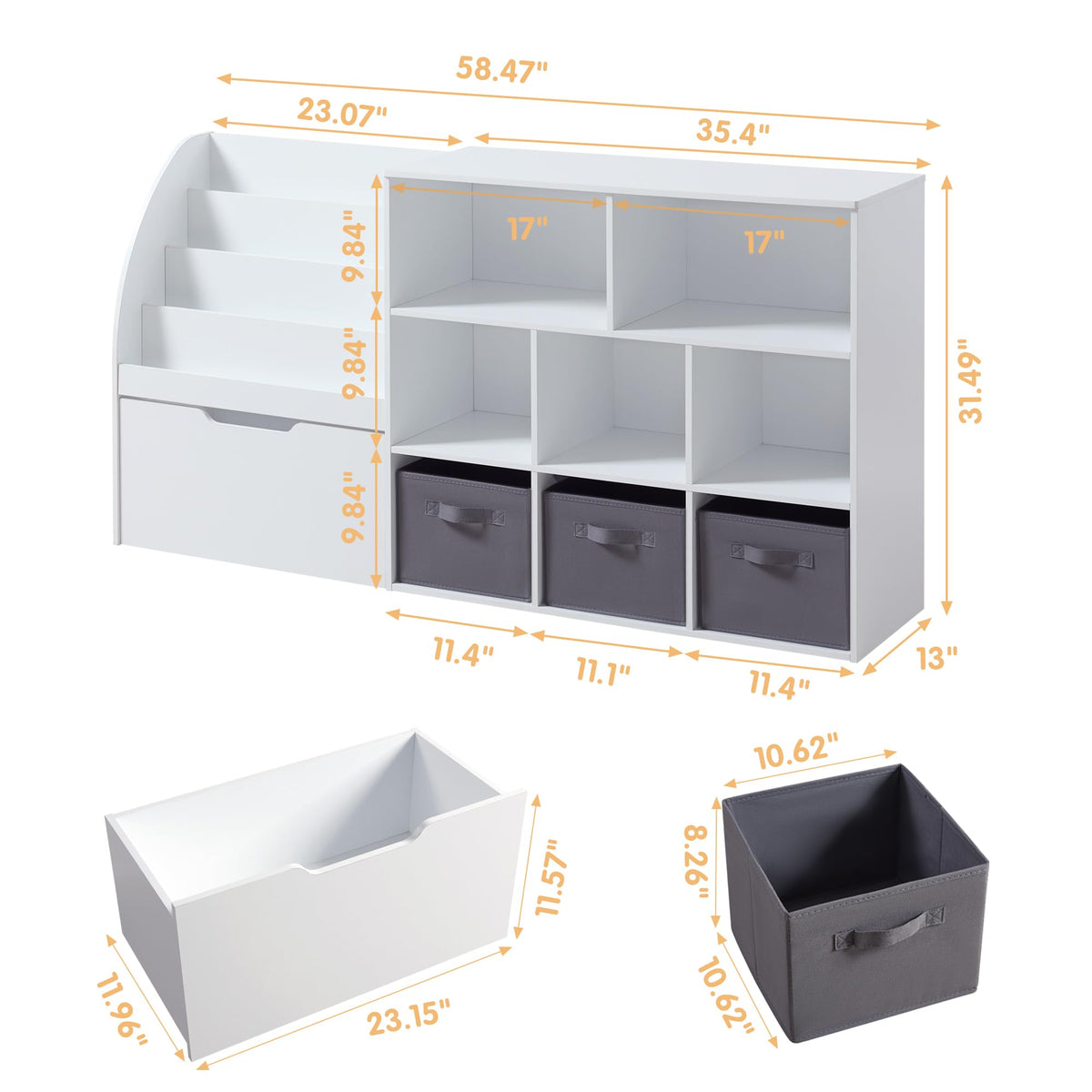 Fatmok Kids Bookshelf and Toy Storage, 2 Pack 58.5ââ Toy Organizer with Movable Chests & 3 Storage Bins, Large Kids Reading Nook with 5 Cubbies for Playroom, Bedroom, Nursery, White