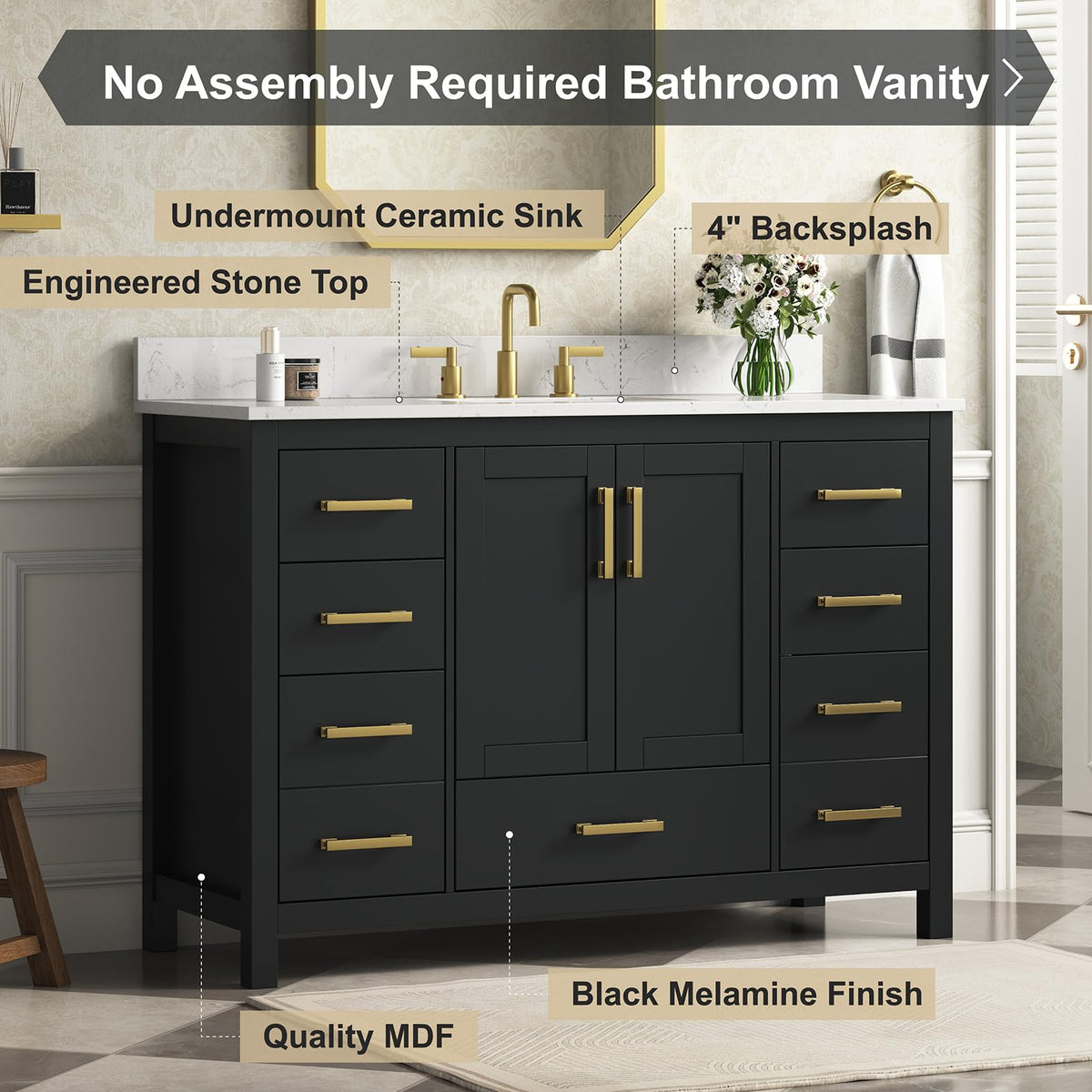 36 Inch Modern Bathroom Vanity with Sink, Black