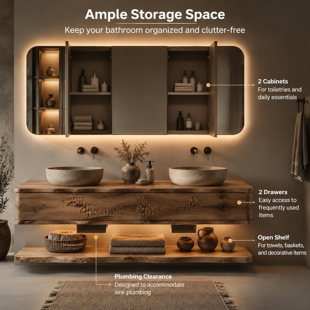 52 in Floating Double Bathroom Vanity with Vessel Sinks & LED Mirror Cabinet