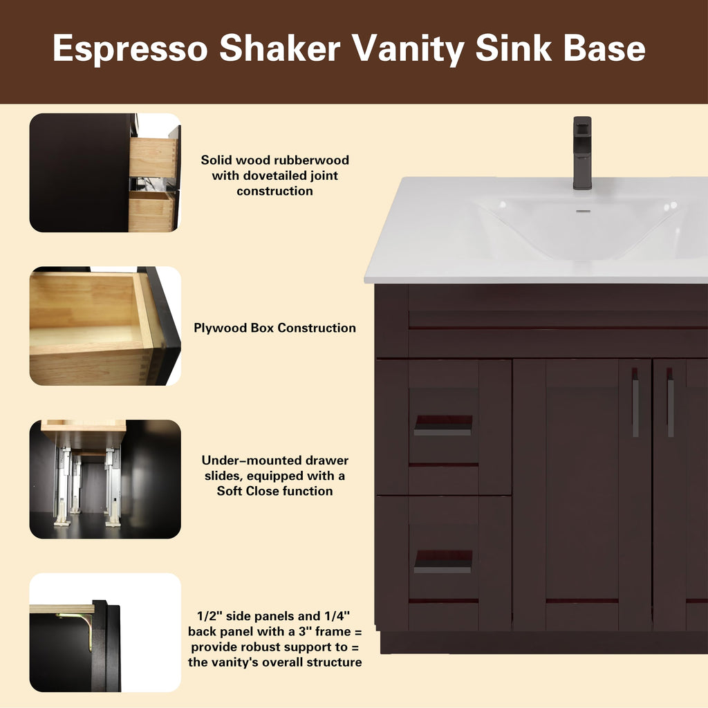 36" Maple Walnut Bathroom Vanity Base â Ready-to-Assemble Sink Cabinet with Drawers, Shaker Style Storage, Base Only, No Top or Sink