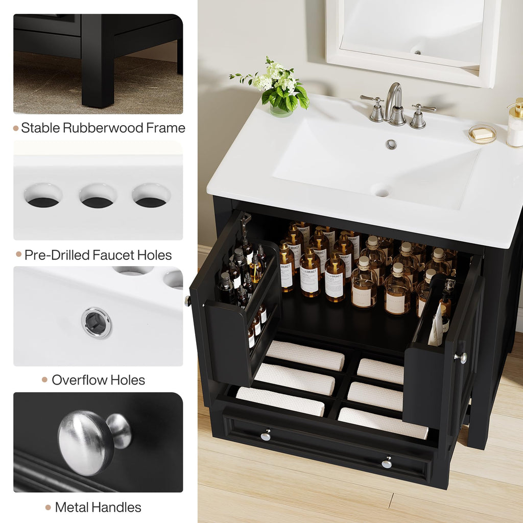 Tribesigns 30" Bathroom Vanity with Sink, Freestanding Bathroom Vanities Cabinet with Ceramic Basin Combo, Bathroom Sink Cabinet with 2 Doors and 1 Drawer, Solid Wooden Frame (Navy Blue, 30 INCH)
