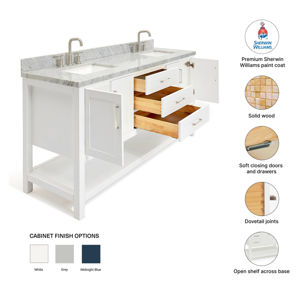DKB Isabella 72" Oak Double Bathroom Vanity with Sink, 1.5" Carrara White Marble Countertop, Rectangle Undermount Sinks, 4 Soft Closing Doors, 6 Dovetail Drawers