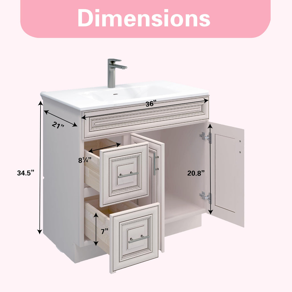 36" Maple Walnut Bathroom Vanity Base â Ready-to-Assemble Sink Cabinet with Drawers, Shaker Style Storage, Base Only, No Top or Sink