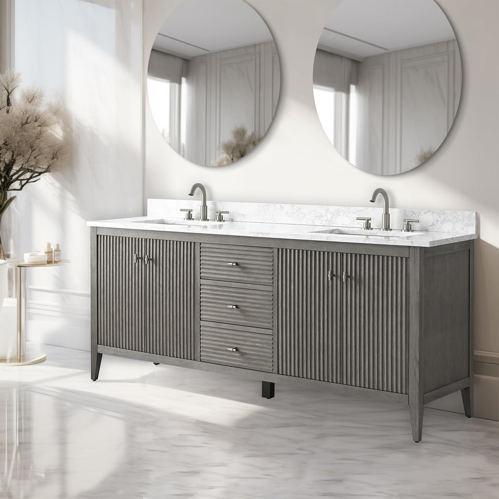 Vanity Art 84 inch Bathroom Vanity with Double Sink & Ceramic Top, Vanity Cabinet with Soft-Closing Door, Solid Wood Frame, Linear Pattern, Walnut, Golden Brushed Handware,Vintage Green