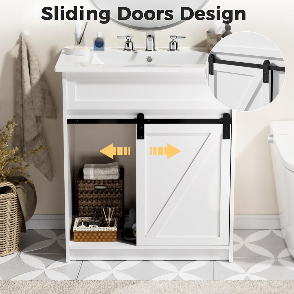 30" Bathroom Vanity with Sink, Sliding Barn Door & 3 Drawers