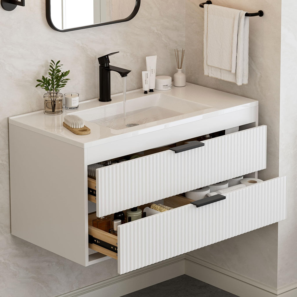 24 Inches Modern MDF Bathroom Vanity with Sink, Wall Mounted Floating Cabinets w/Double Drawers, Black Handles, White Resin Sink Combo Set (Black, 24")