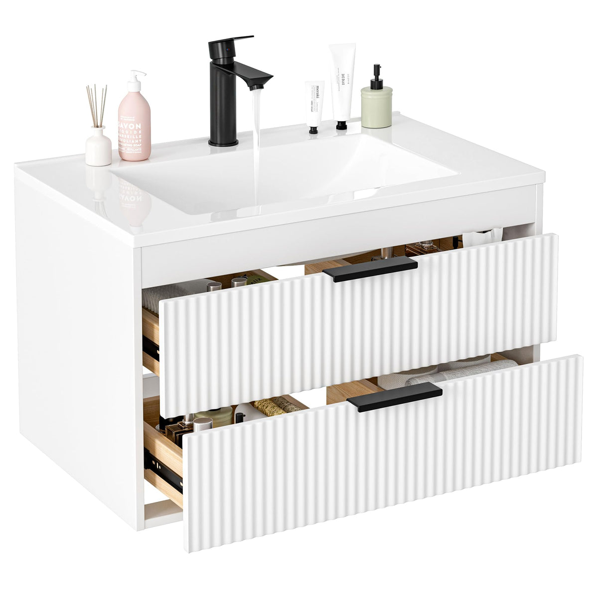24 Inches Modern MDF Bathroom Vanity with Sink, Wall Mounted Floating Cabinets w/Double Drawers, Black Handles, White Resin Sink Combo Set (Black, 24")