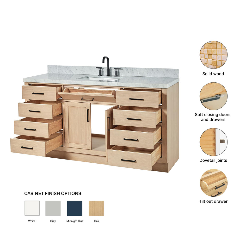 ARIEL Hepburn 66-inch Bathroom Vanity with Sink,Solid Wood, 1.5-inch Pure White Quartz Countertop & Backsplash, Single Rectangular Porcelain Sink, 2 Soft Closing Doors, 9 Dovetail Drawers, White