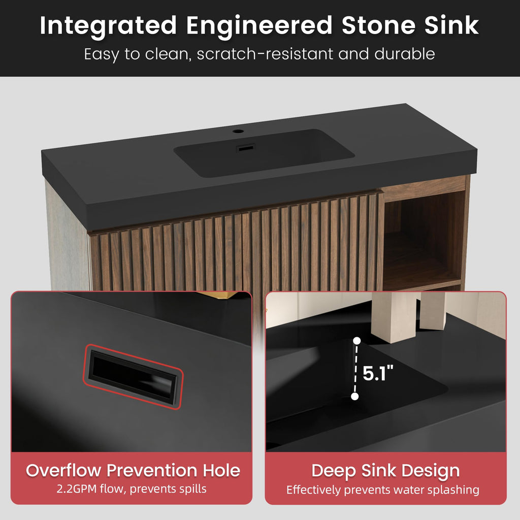 36â Modern Bathroom Vanity with Black Sink, Smoked Brown