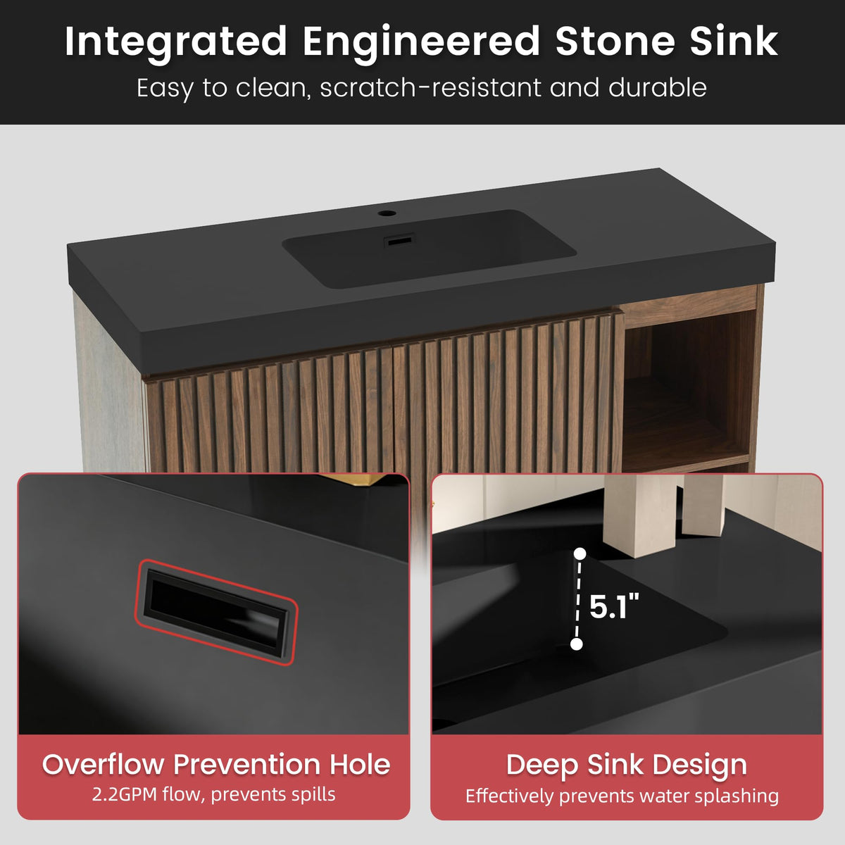 36â Modern Bathroom Vanity with Black Sink, Smoked Brown