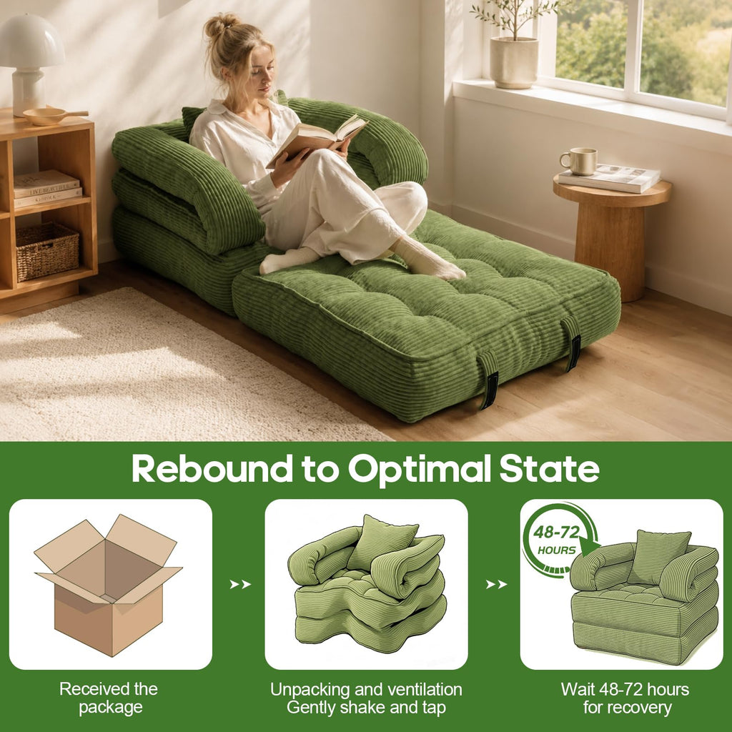 Folding Sofa Bed, Convertible Sleeper Chair with Armrests, Corduroy Foldable Boneless Bed, 3-in-1 Portable Futon Couch Floor Sofa with Pillow for Bedroom, Living Room, Orange