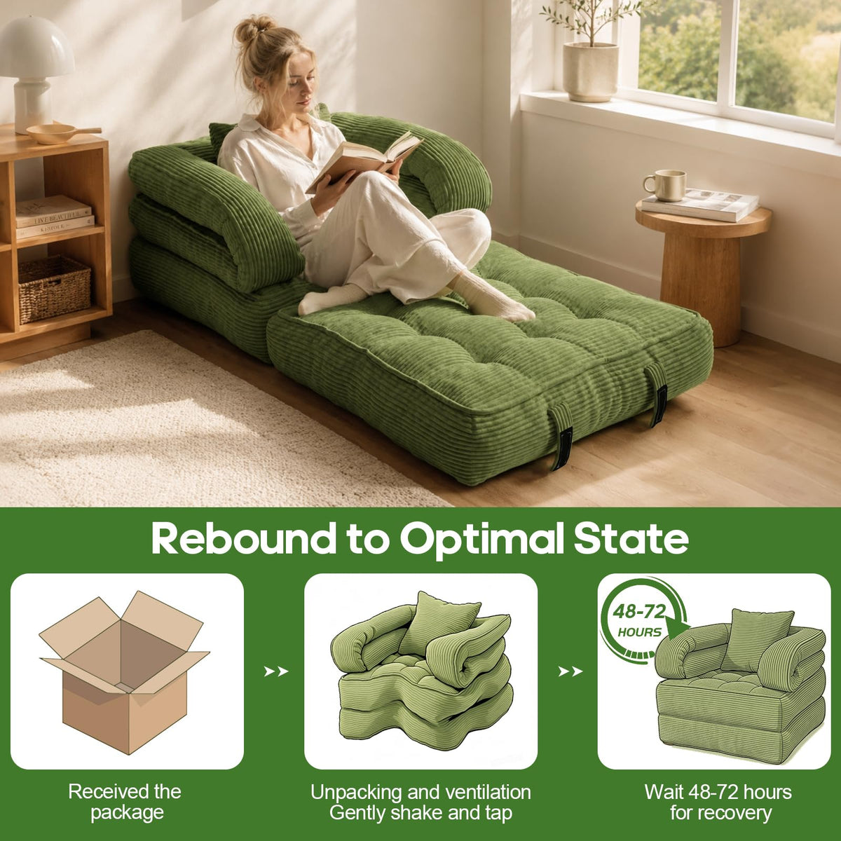 Folding Sofa Bed, Convertible Sleeper Chair with Armrests, Corduroy Foldable Boneless Bed, 3-in-1 Portable Futon Couch Floor Sofa with Pillow for Bedroom, Living Room, Orange