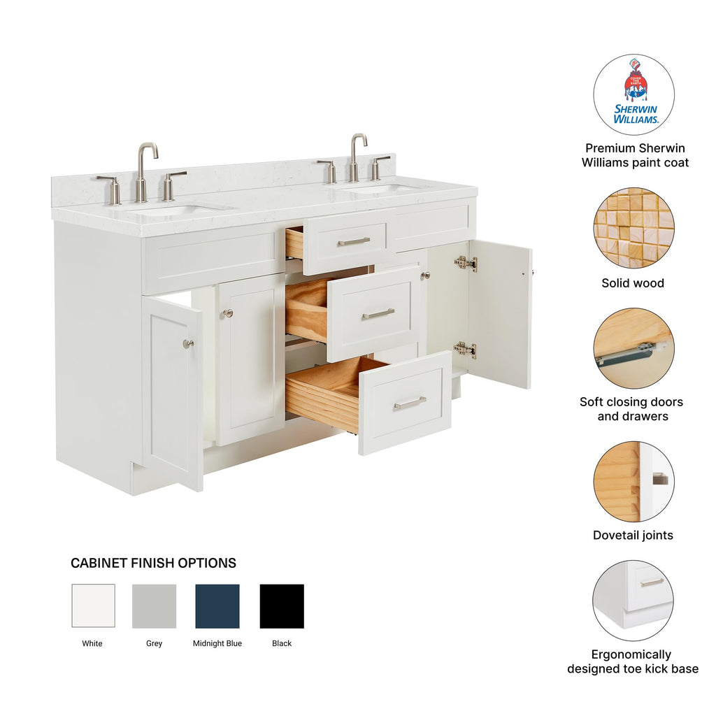 DKB Isabella 66" White Double Bathroom Vanity with 1.5" Carrara Quartz Countertop, Double Rectangular Undermount Sinks, 4 Soft Closing Doors, 6 Dovetail Drawers