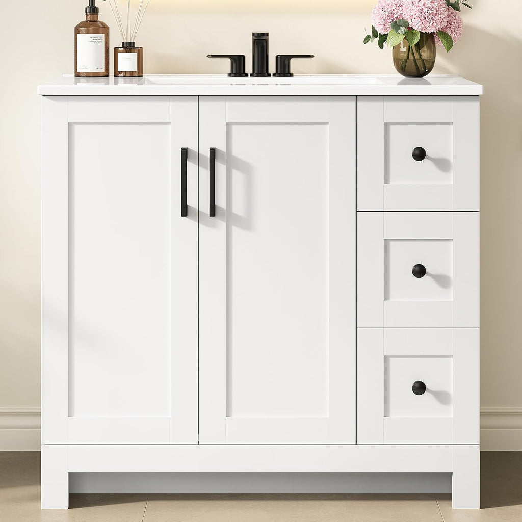 LIKIMIO 36" Bathroom Vanity with Sink, 2 Soft-Close Drawers & Doors, White