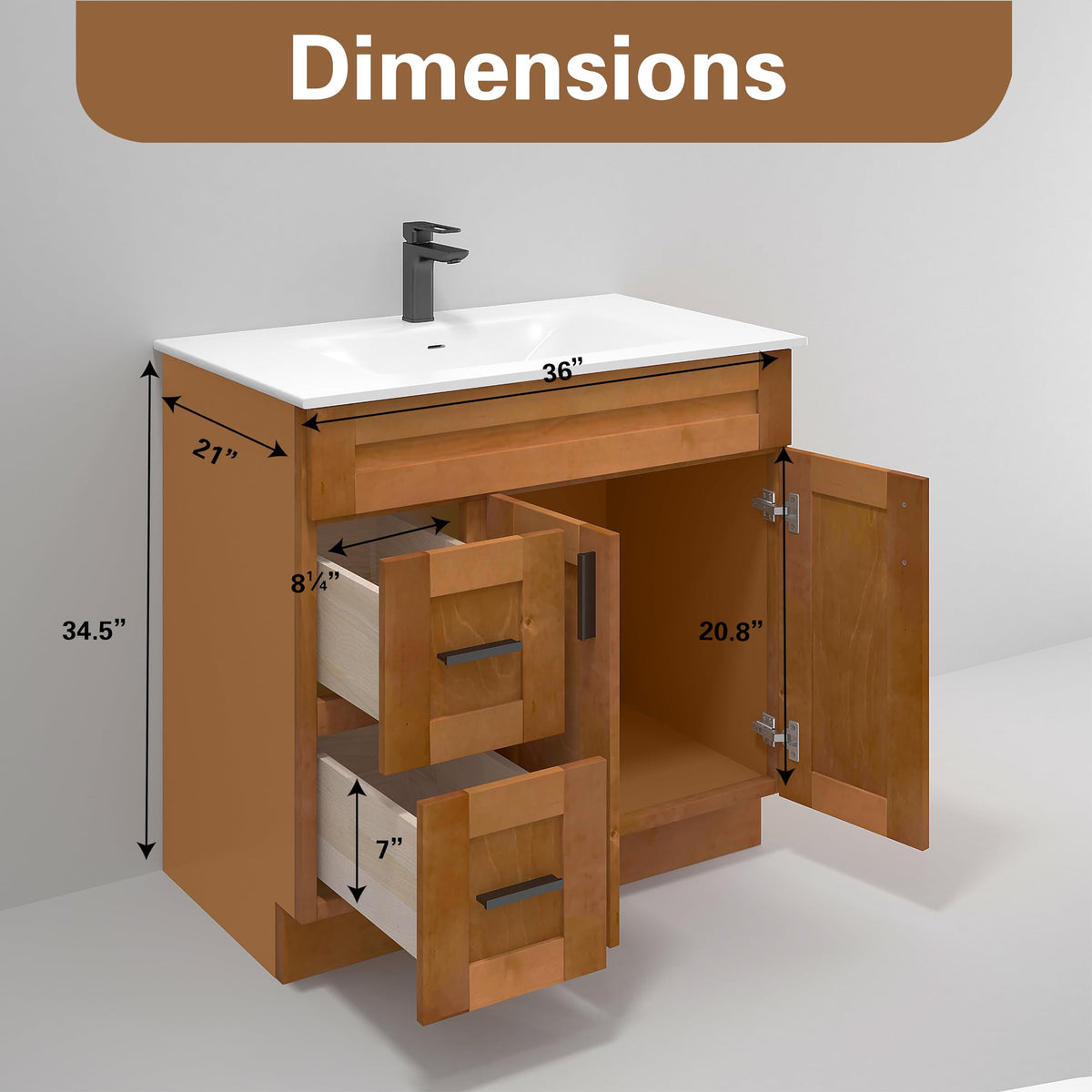 36" Maple Walnut Bathroom Vanity Base â Ready-to-Assemble Sink Cabinet with Drawers, Shaker Style Storage, Base Only, No Top or Sink