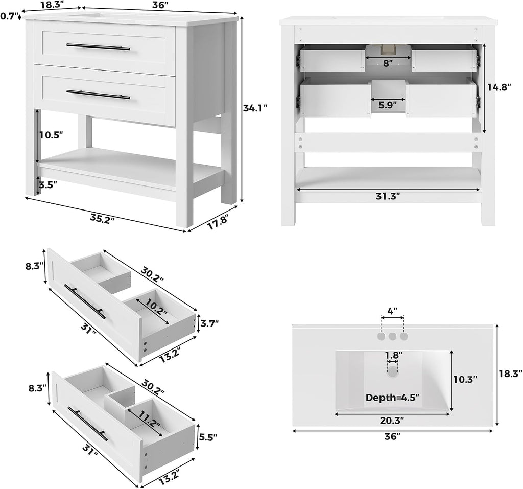 LIKIMIO 36" Bathroom Vanity with Sink, 2 Drawers & Open Shelf, White