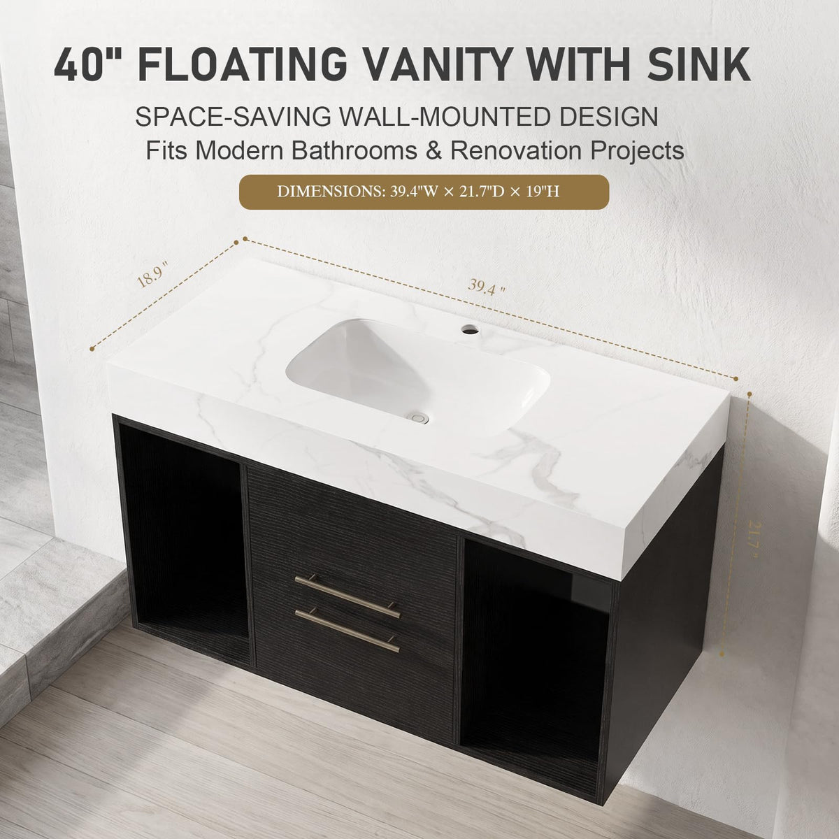 36 Inch Bathroom Vanity with Sink, Black Floating Wall Mounted Vanity