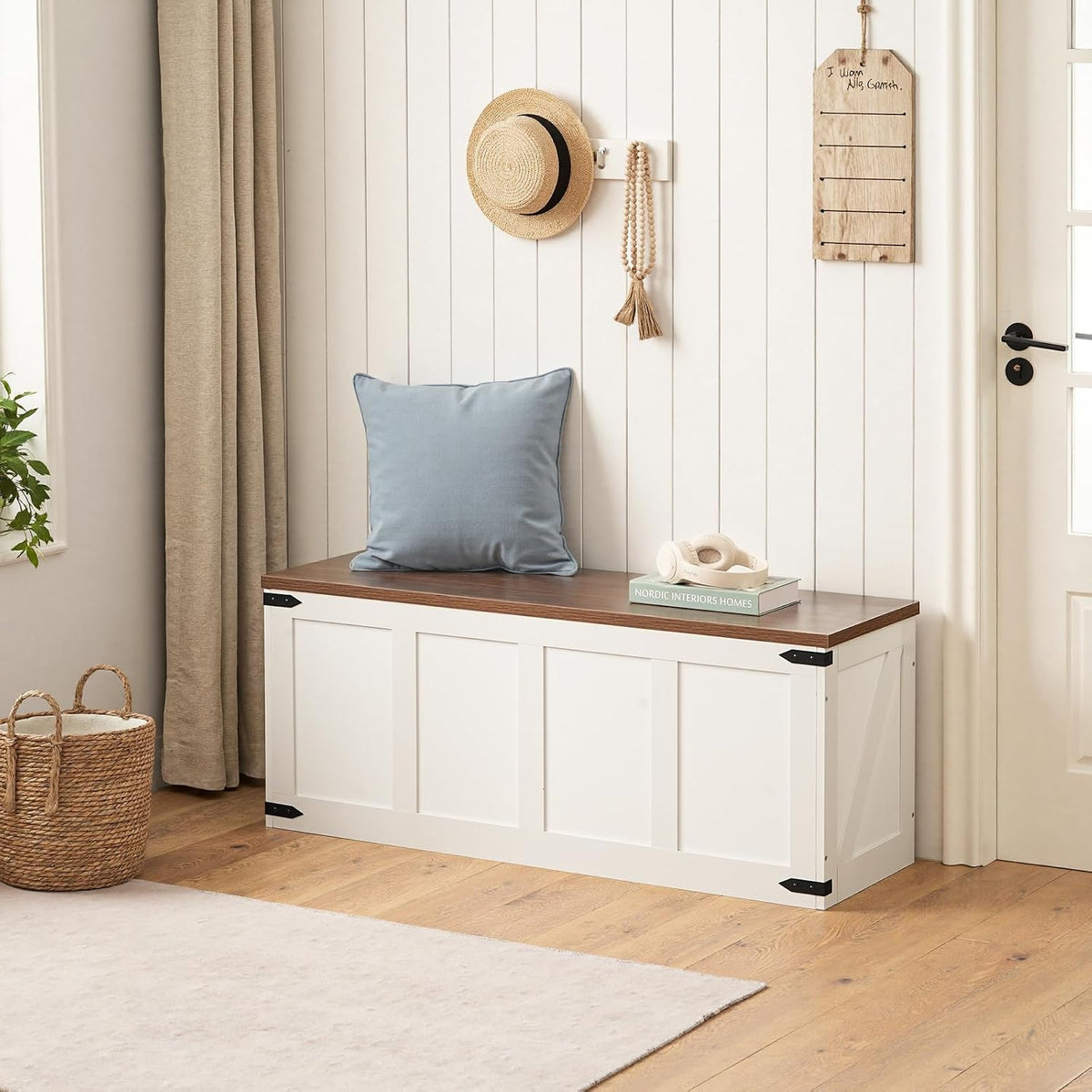 HOOBRO 47.2âStorage Bench Large, Toy Box with 2 Safety Hinges, Farmhouse Wooden Storage Chest, Easy Assembly for Bedroom, Living Room, Entryway, White and Walnut WH520CW01