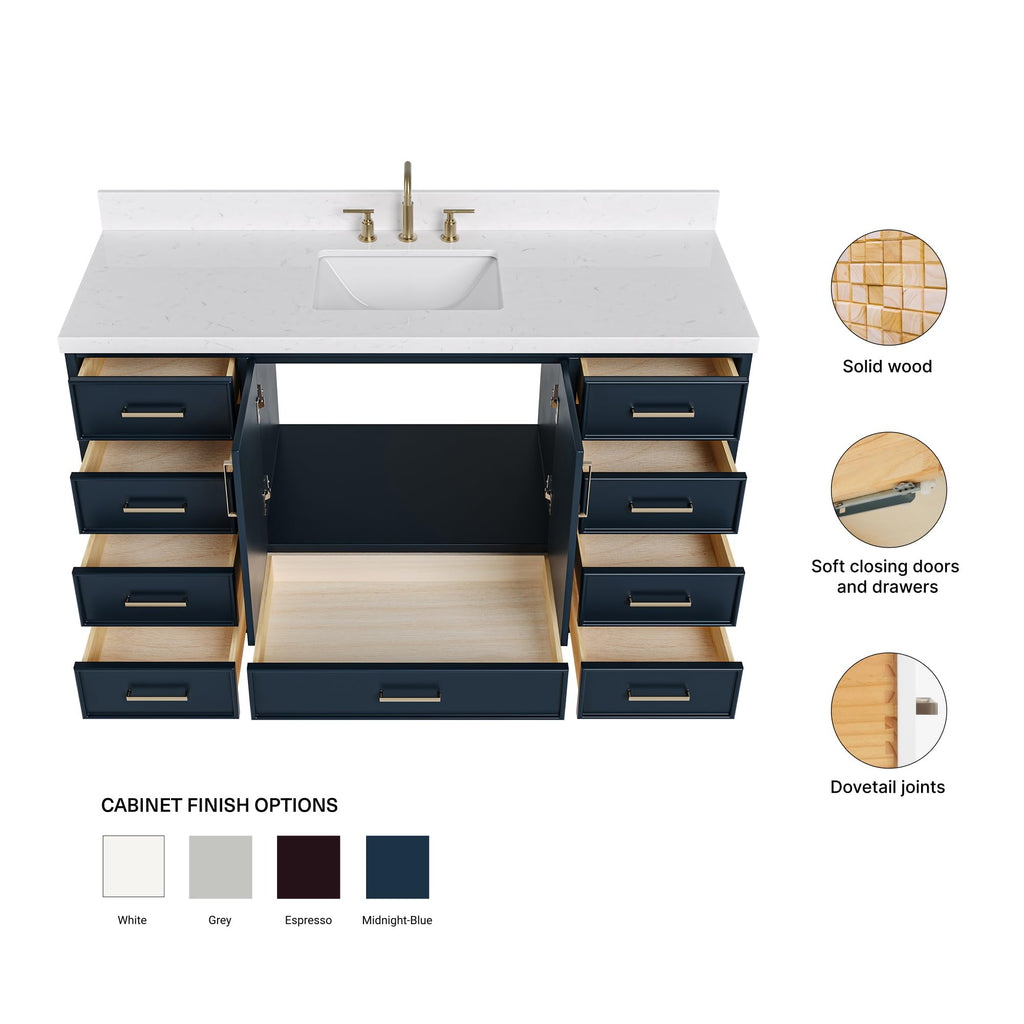 DKB Isabella 60 Inch Bathroom Vanity Single Sink â White Bathroom Vanity with Sink, 1.5" Edge Carrara White Quartz Countertop, Solid Wood, 2 Soft-Close Doors, 8 Dovetail Drawers + Tilt Drawer