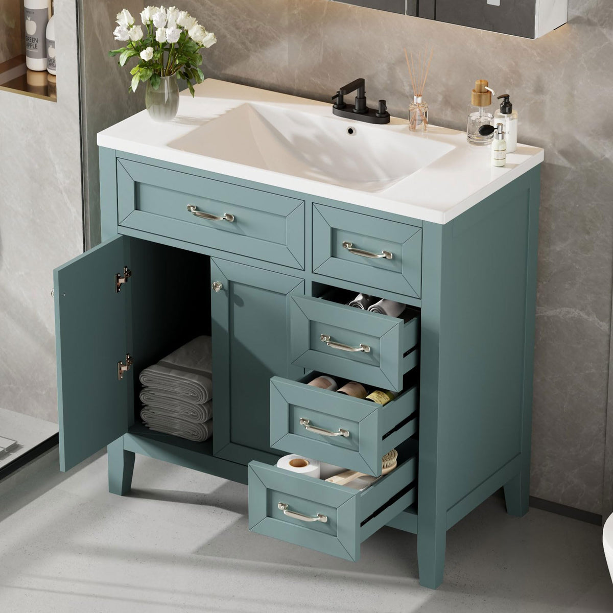 36 Inch Bathroom Vanities with Undermount Ceramic Sink, Storage Cabinet with Soft Closing Doors and Three Drawers, Solid Wood Frame, Natural Wood