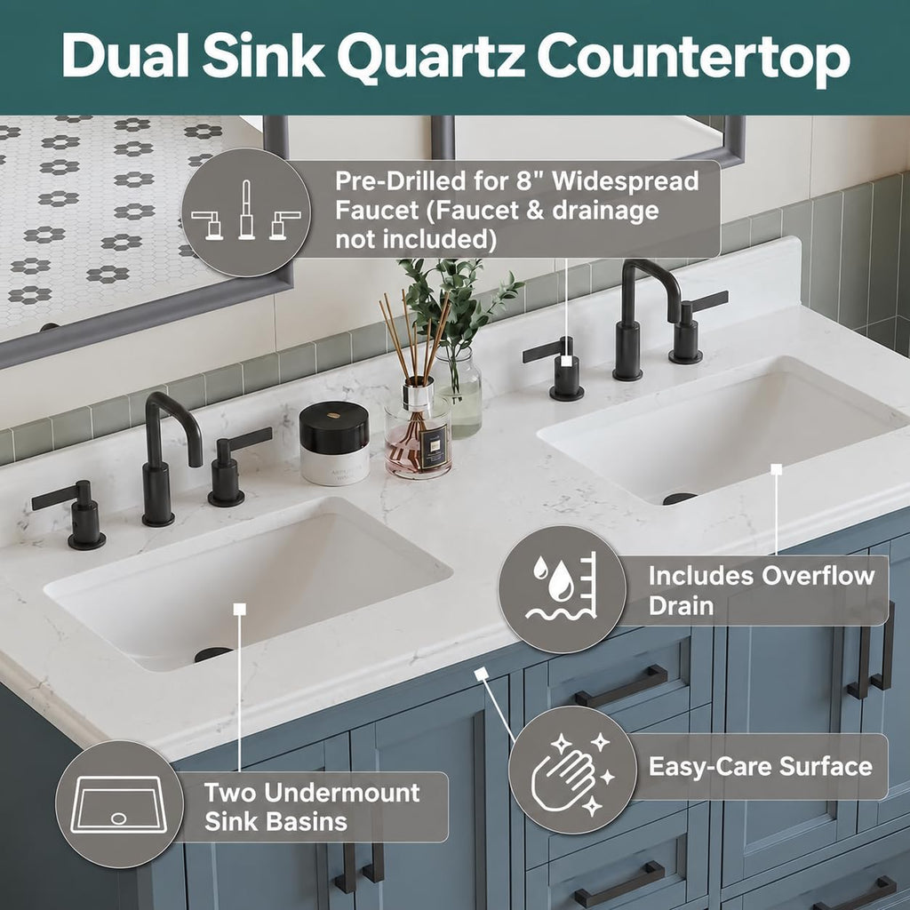 60 Inch Bathroom Vanity Double Sink, Steel Blue