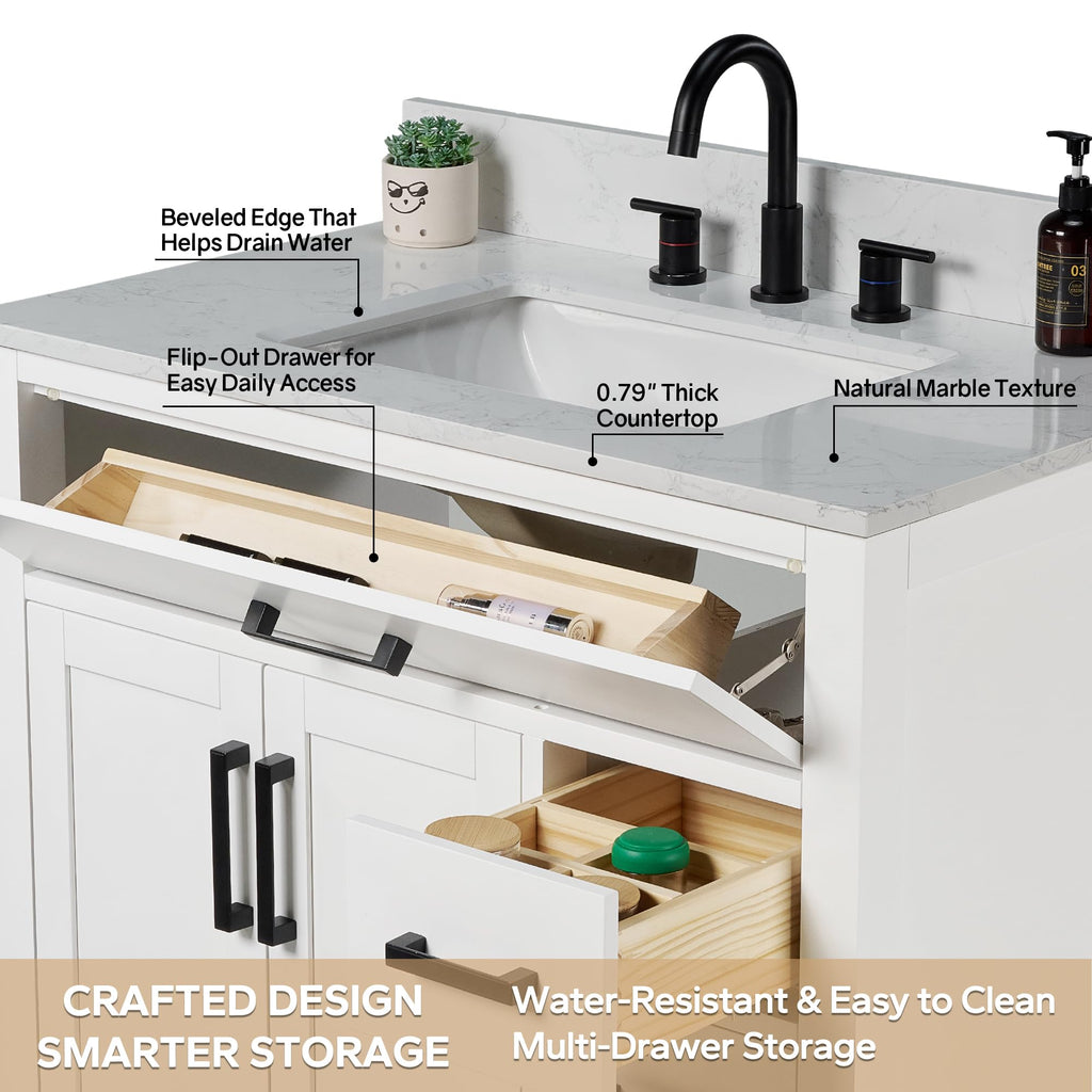 48-inch Dark Walnut Bathroom Vanity with Sink, Solid Wood, 0.79-inch Stone Countertop and Backsplash, 9 Drawers, 2 Soft Closing Doors