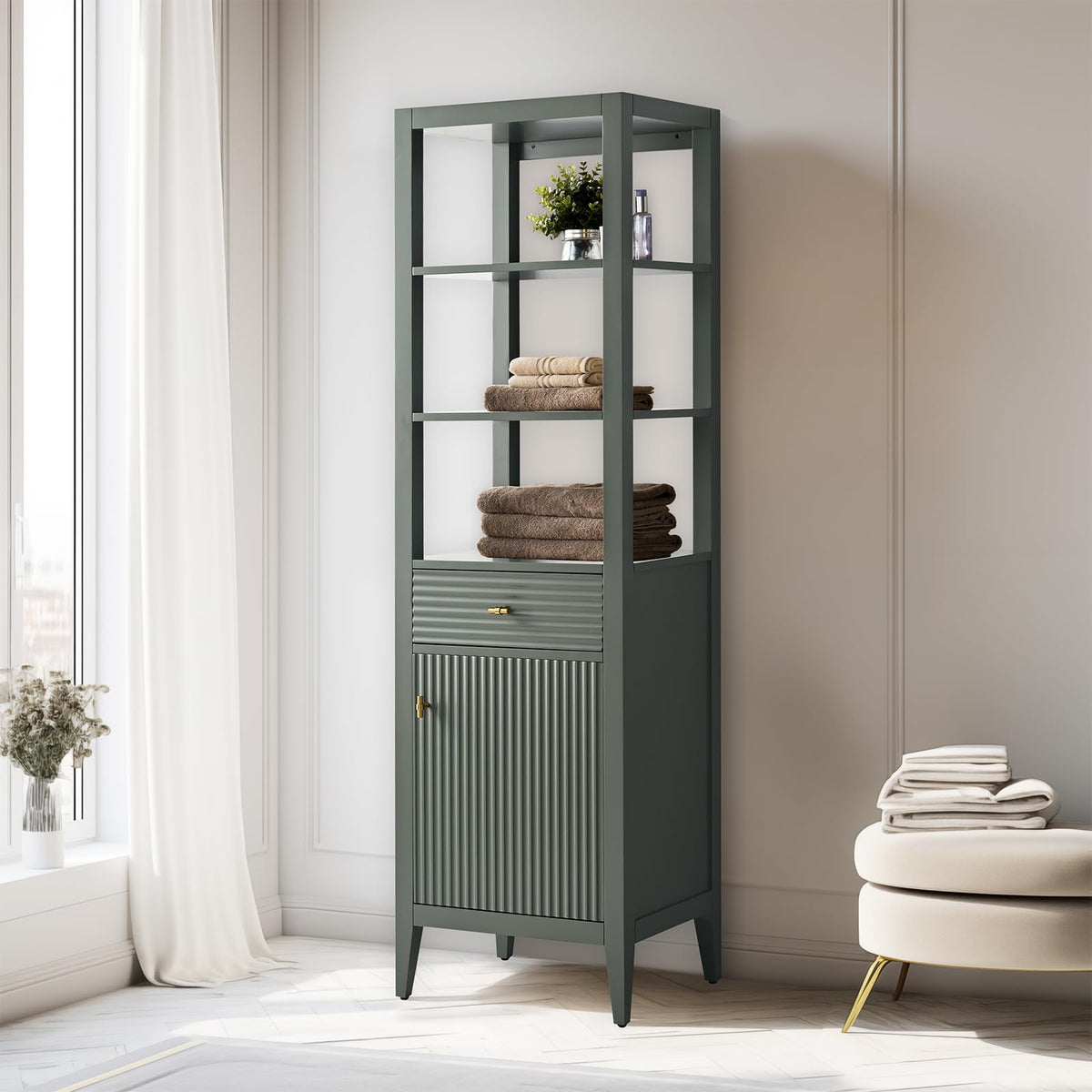 Vanity Art 84 inch Bathroom Vanity with Double Sink & Ceramic Top, Vanity Cabinet with Soft-Closing Door, Solid Wood Frame, Linear Pattern, Walnut, Golden Brushed Handware,Vintage Green
