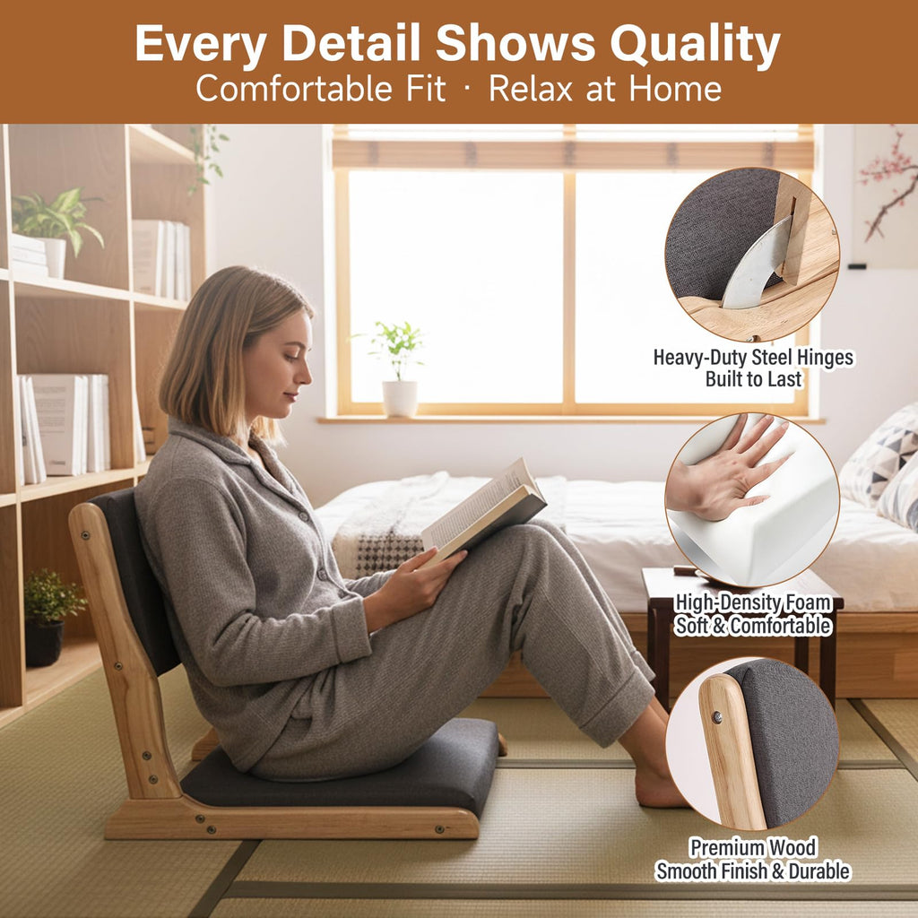 Tiita 2-Pack Foldable Meditation Floor Chairs with Back Support, Wood Grey