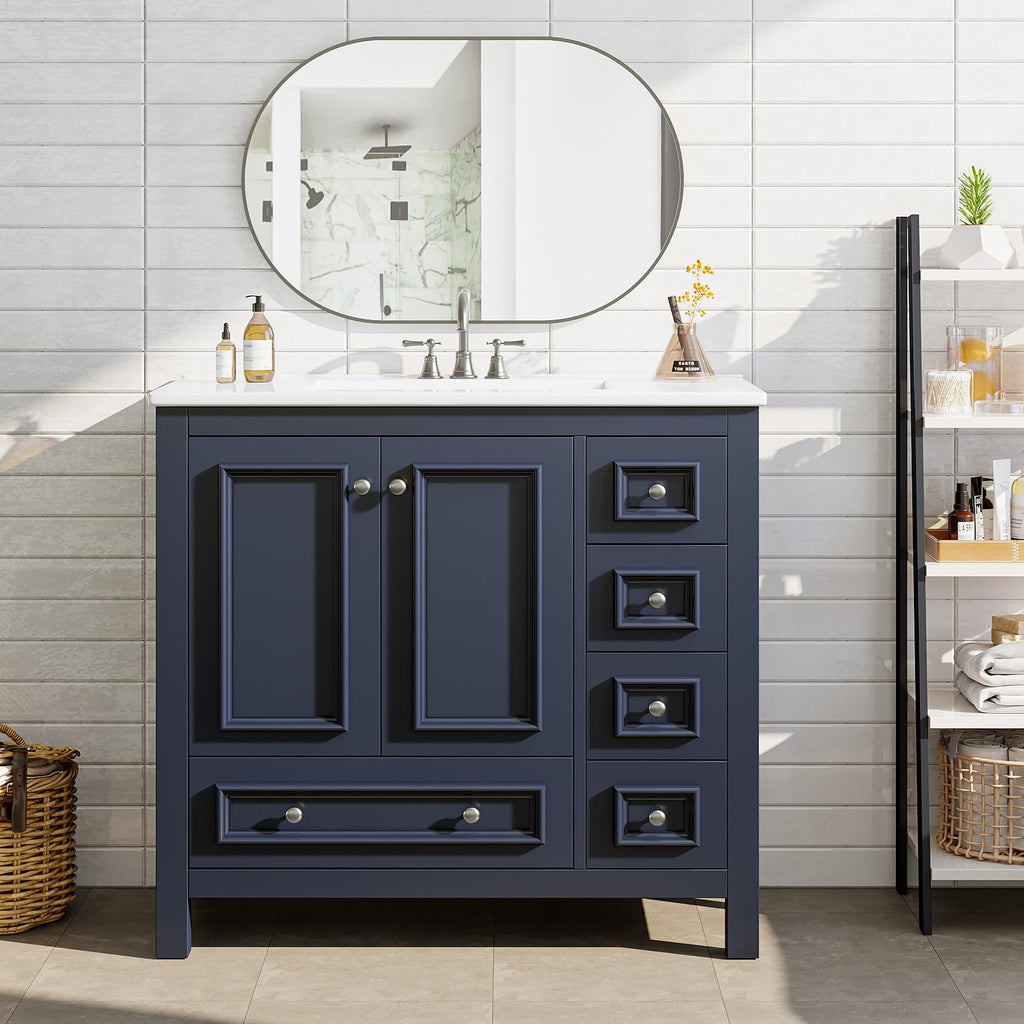 Tribesigns 30" Bathroom Vanity with Sink, Freestanding Bathroom Vanities Cabinet with Ceramic Basin Combo, Bathroom Sink Cabinet with 2 Doors and 1 Drawer, Solid Wooden Frame (Navy Blue, 30 INCH)