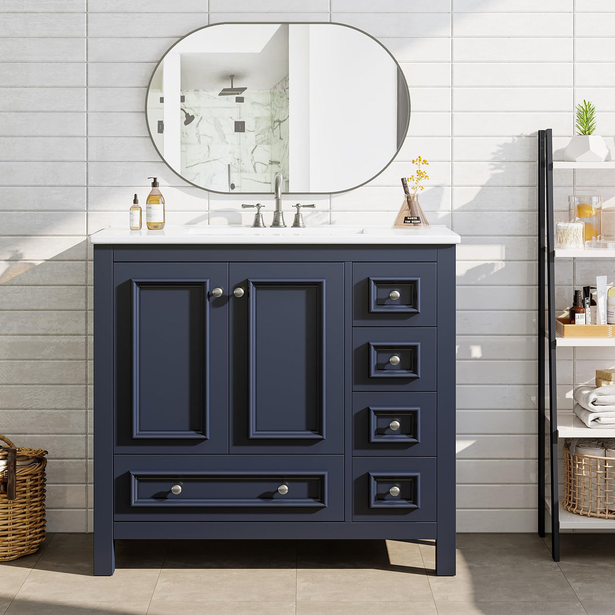 Tribesigns 30" Bathroom Vanity with Sink, Freestanding Bathroom Vanities Cabinet with Ceramic Basin Combo, Bathroom Sink Cabinet with 2 Doors and 1 Drawer, Solid Wooden Frame (Navy Blue, 30 INCH)