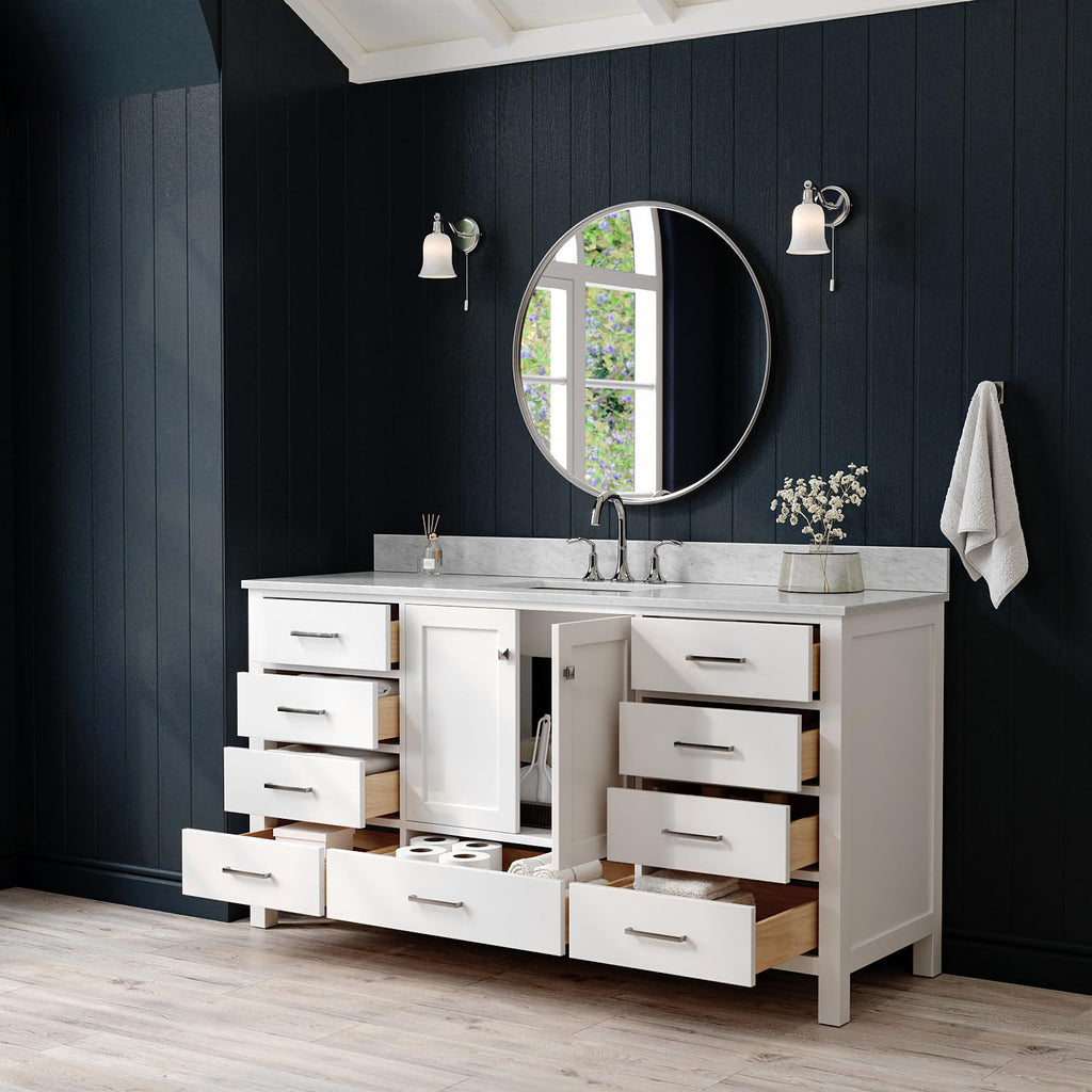 ARIEL Cambridge 66-inch Bathroom Vanity with Sink,Solid Wood, 1.5-inch Italian Carrara Marble Countertop, Single Rectangular Porcelain Sink, 2 Soft Closing Doors, 9 Dovetail Drawers, Midnight Blue