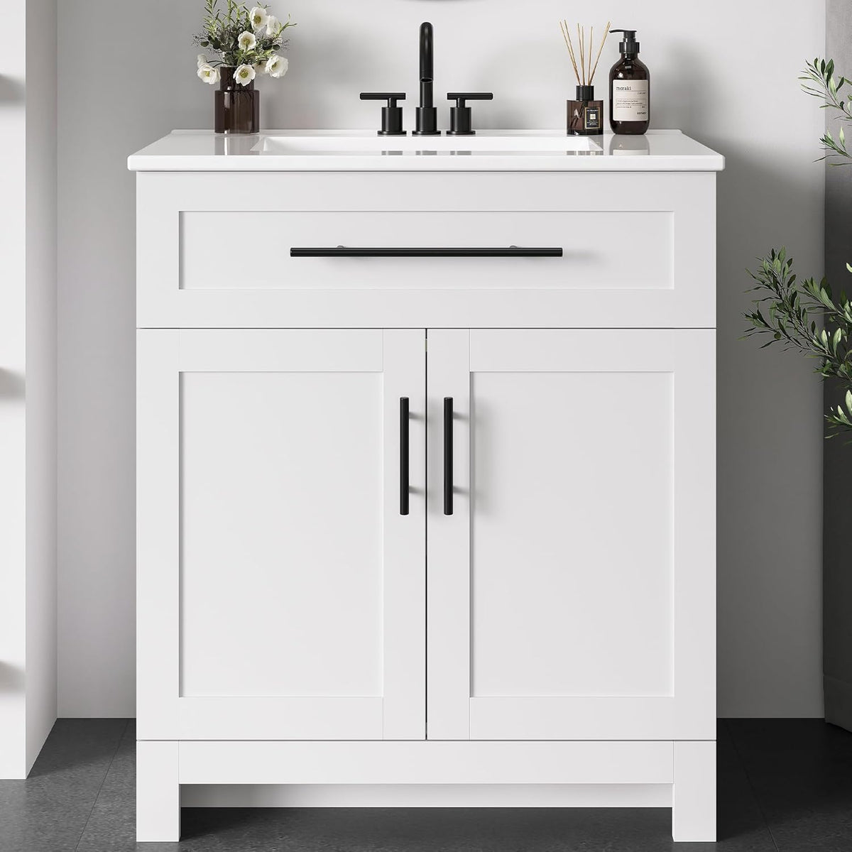 LIKIMIO 30" Bathroom Vanity with Sink, 1 U-Shaped Drawer & 2 Doors, White