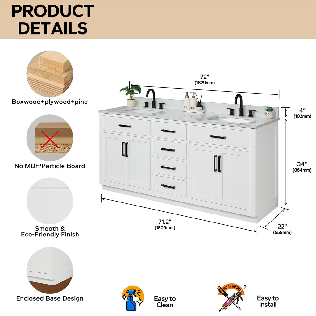 48-inch Dark Walnut Bathroom Vanity with Sink, Solid Wood, 0.79-inch Stone Countertop and Backsplash, 9 Drawers, 2 Soft Closing Doors