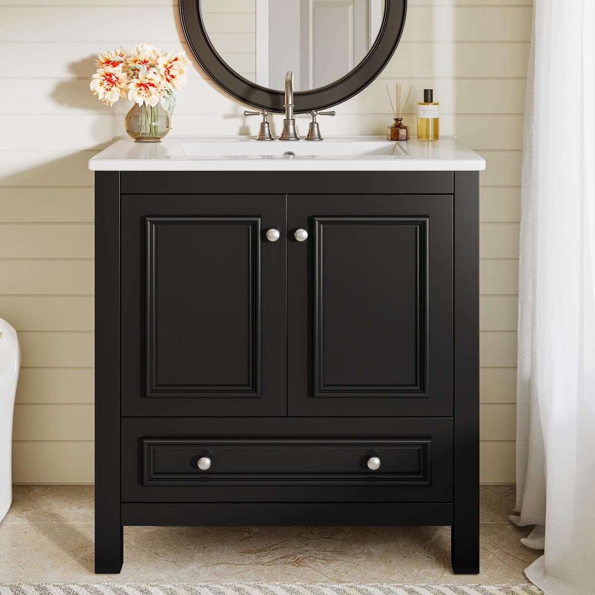 Tribesigns 30" Bathroom Vanity with Sink, Freestanding Bathroom Vanities Cabinet with Ceramic Basin Combo, Bathroom Sink Cabinet with 2 Doors and 1 Drawer, Solid Wooden Frame (Navy Blue, 30 INCH)