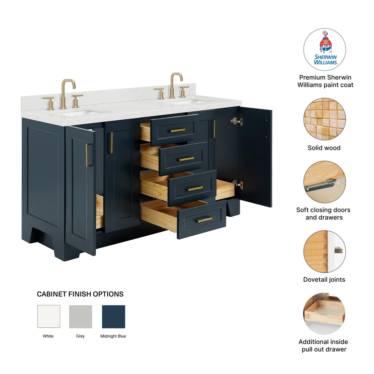DKB Isabella 66" White Double Bathroom Vanity with 1.5" Carrara Quartz Countertop, Double Rectangular Undermount Sinks, 4 Soft Closing Doors, 6 Dovetail Drawers