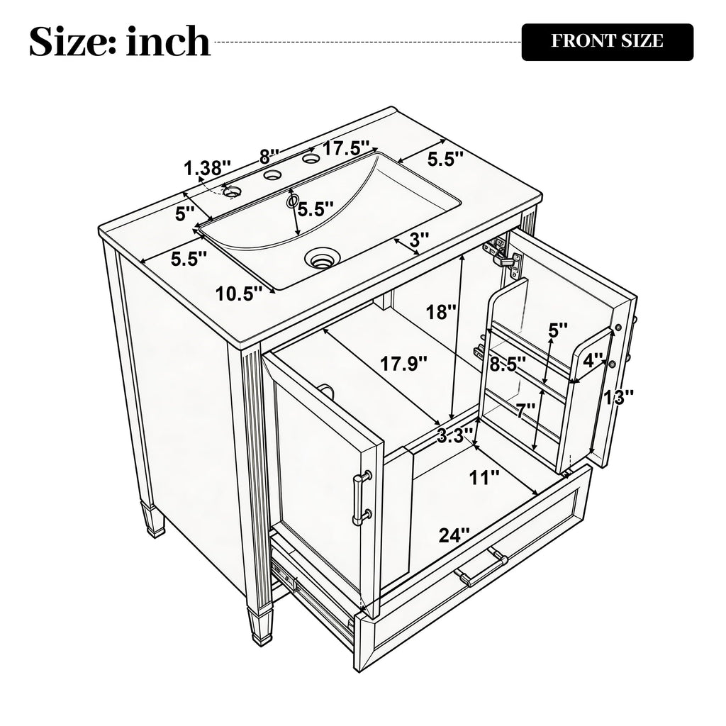 30" Bathroom Vanity Cabinet with Undermount Sink, Storage Rack Shelf, Multi-Functional Drawer Divider, Soft Closing Doors, Black