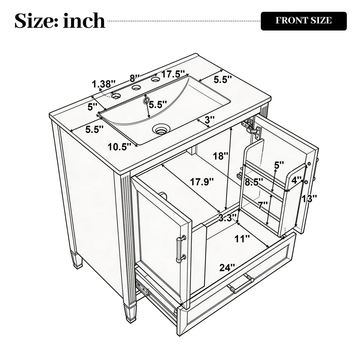 30" Bathroom Vanity Cabinet with Undermount Sink, Storage Rack Shelf, Multi-Functional Drawer Divider, Soft Closing Doors, Black