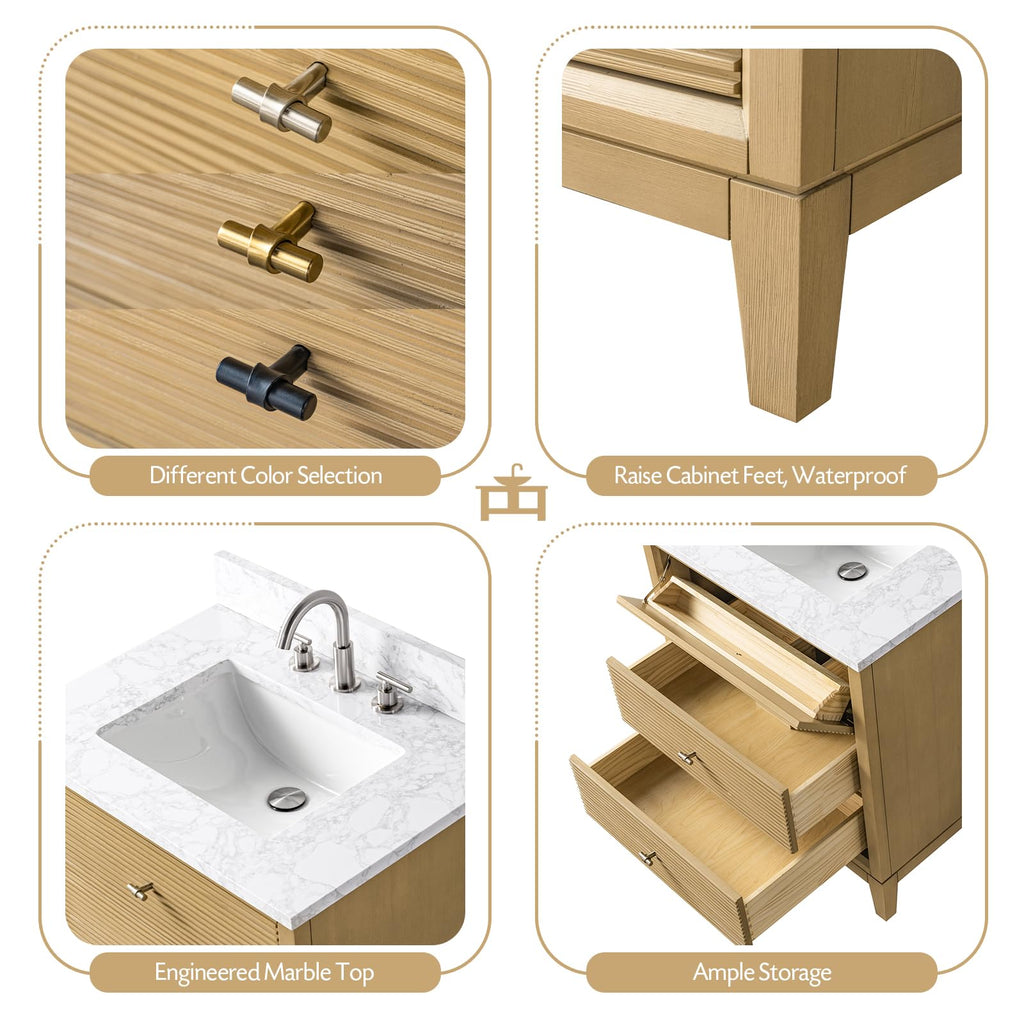 Vanity Art 72" Bathroom Vanity with Double Sink & Arabescato White Engineered Stone Top, Vanity Cabinet with Soft Closing Door, Solid Wood Frame, Golden Brushed Handles, Walnut VA8172D-Walnut-GB