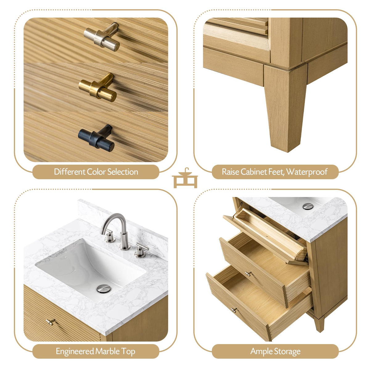 Vanity Art 72" Bathroom Vanity with Double Sink & Arabescato White Engineered Stone Top, Vanity Cabinet with Soft Closing Door, Solid Wood Frame, Golden Brushed Handles, Walnut VA8172D-Walnut-GB
