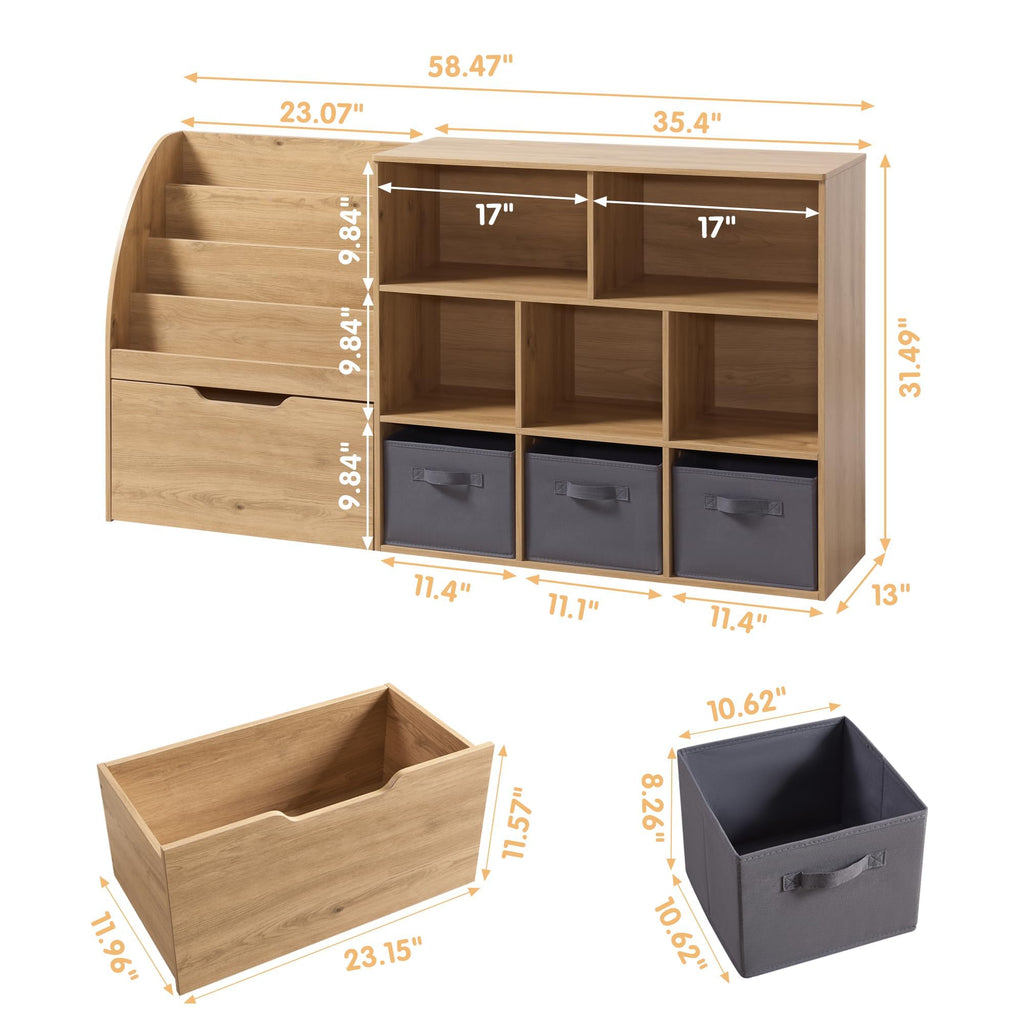 Fatmok Kids Bookshelf and Toy Storage, 2 Pack 58.5ââ Toy Organizer with Movable Chests & 3 Storage Bins, Large Kids Reading Nook with 5 Cubbies for Playroom, Bedroom, Nursery, White
