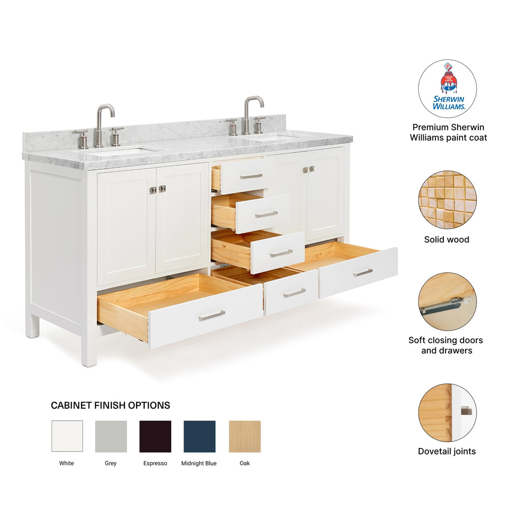 DKB Isabella 72" Oak Double Bathroom Vanity with Sink, 1.5" Carrara White Marble Countertop, Rectangle Undermount Sinks, 4 Soft Closing Doors, 6 Dovetail Drawers
