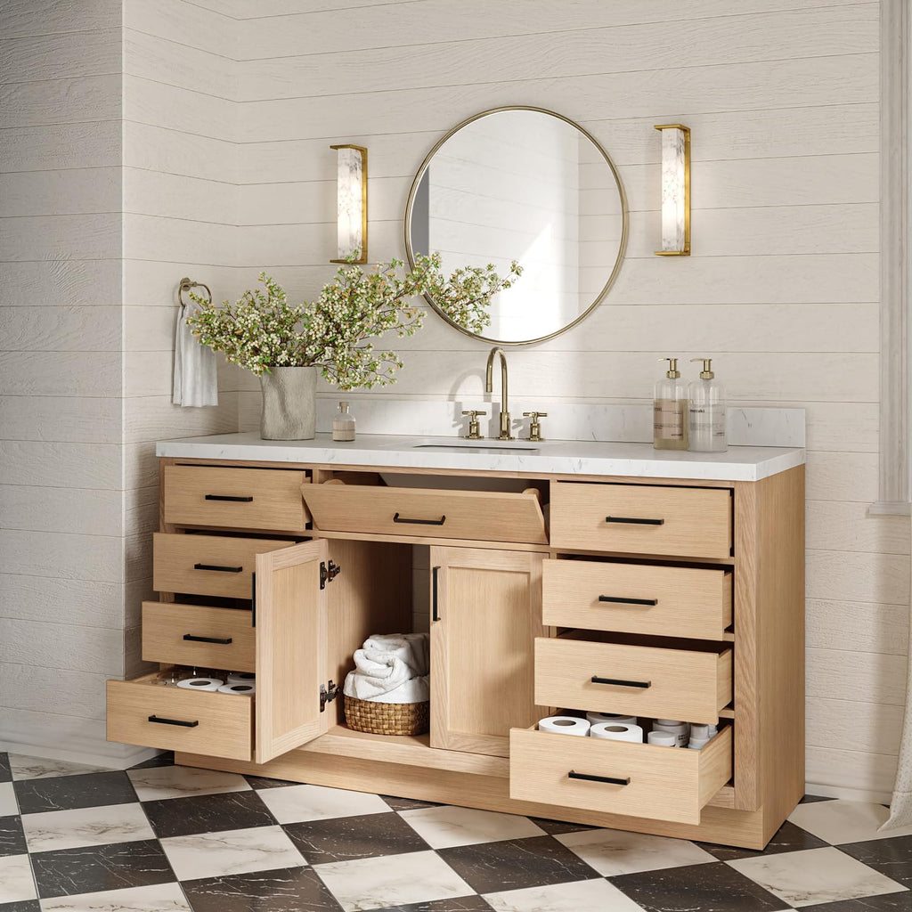 ARIEL Hepburn 66-inch Bathroom Vanity with Sink,Solid Wood, 1.5-inch Pure White Quartz Countertop & Backsplash, Single Rectangular Porcelain Sink, 2 Soft Closing Doors, 9 Dovetail Drawers, White